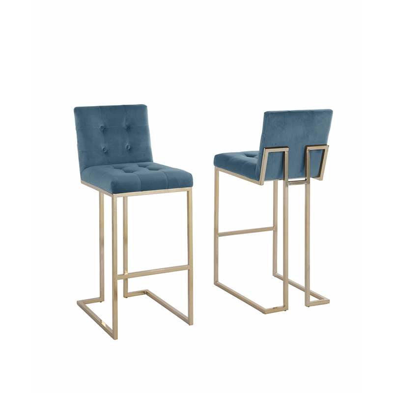 Barstools with Tufted Seats in Teal Blue Velvet and Gold Chrome Legs (Set of 2)