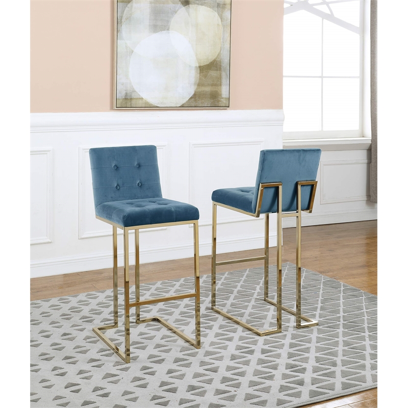 Barstools with Tufted Seats in Teal Blue Velvet and Gold Chrome Legs (Set of 2)