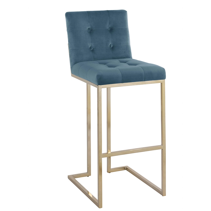 Barstools with Tufted Seats in Teal Blue Velvet and Gold Chrome Legs (Set of 2)