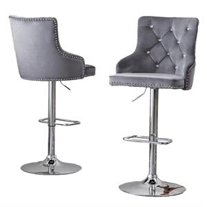 adjustable bar stools with dark gray velvet and faux crystal tufts (set of 2)