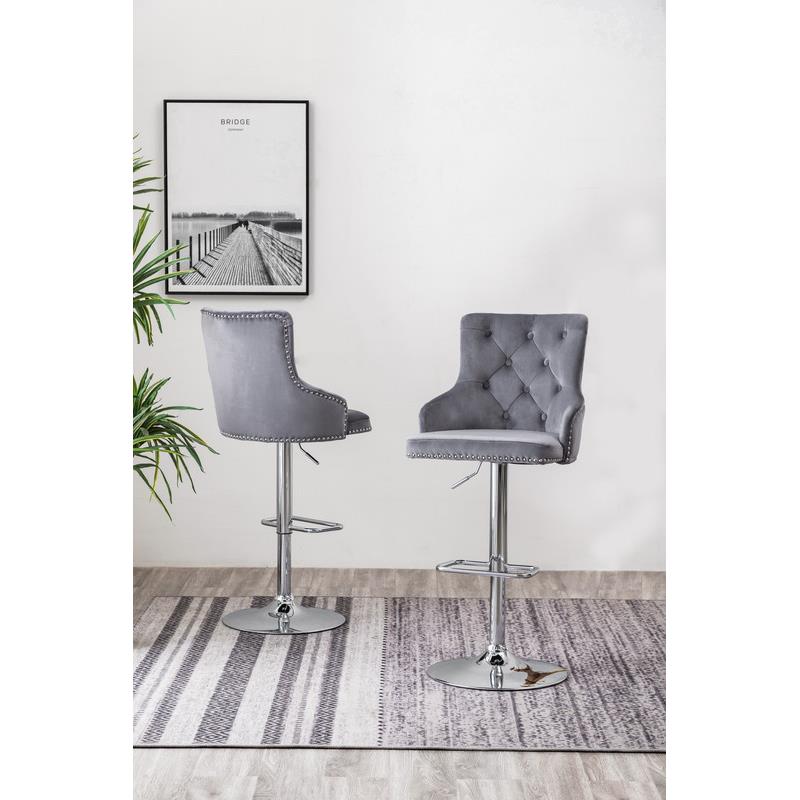 Adjustable Bar Stools with Dark Gray Velvet and Tufted Seats (Set of 2)