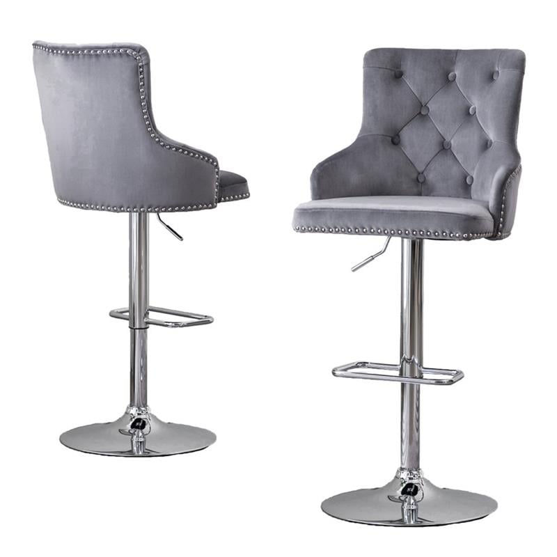 Adjustable Bar Stools with Dark Gray Velvet and Tufted Seats (Set of 2)