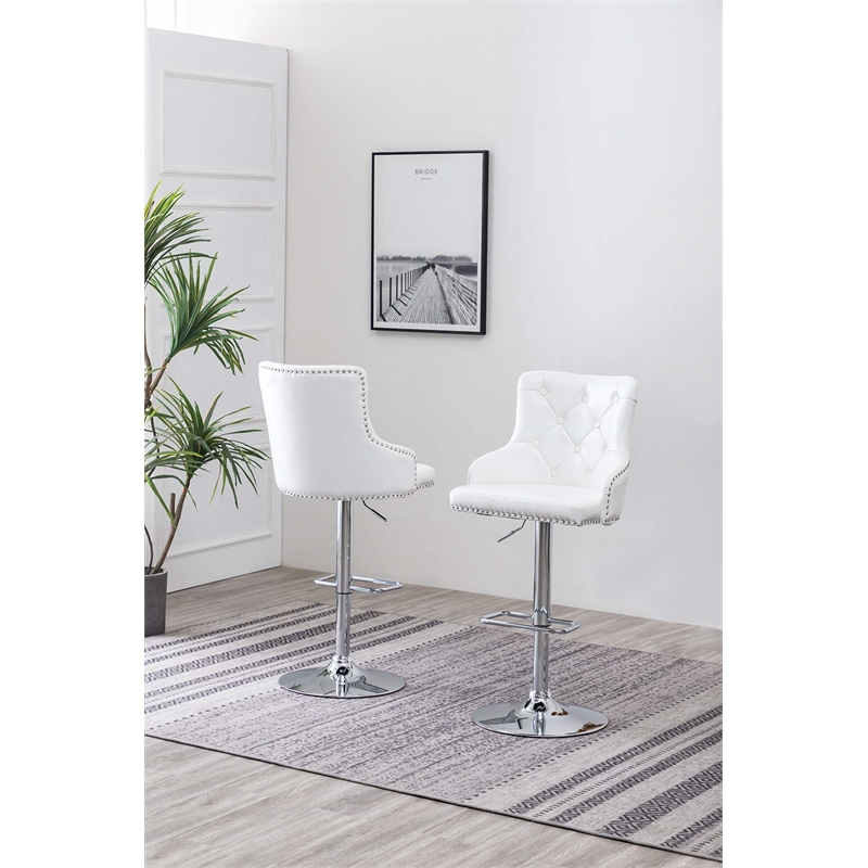 Adjustable Bar Stools with White Faux Leather and Tufted Seats (Set of 2)