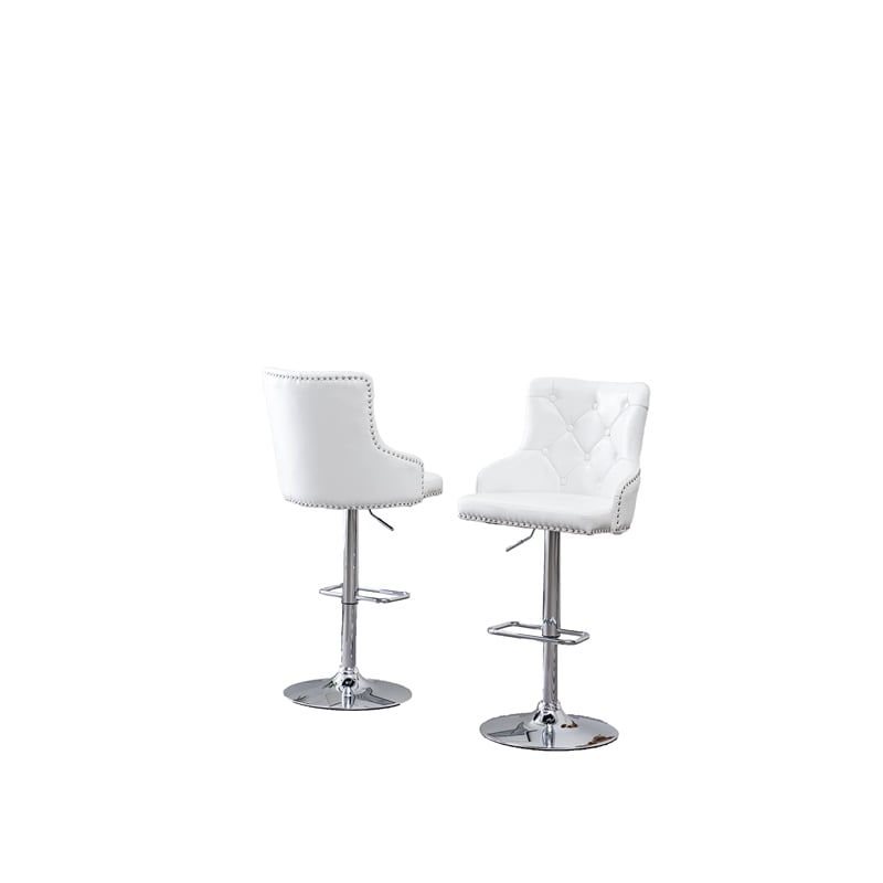 Adjustable Bar Stools with White Faux Leather and Tufted Seats (Set of 2)