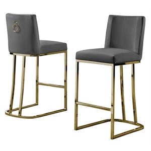 velvet counter height chairs in dark gray velvet and gold chrome (set of 2)