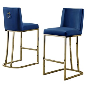 Velvet Counter Height Chairs in Navy Blue Velvet and Gold Chrome (Set of 2)