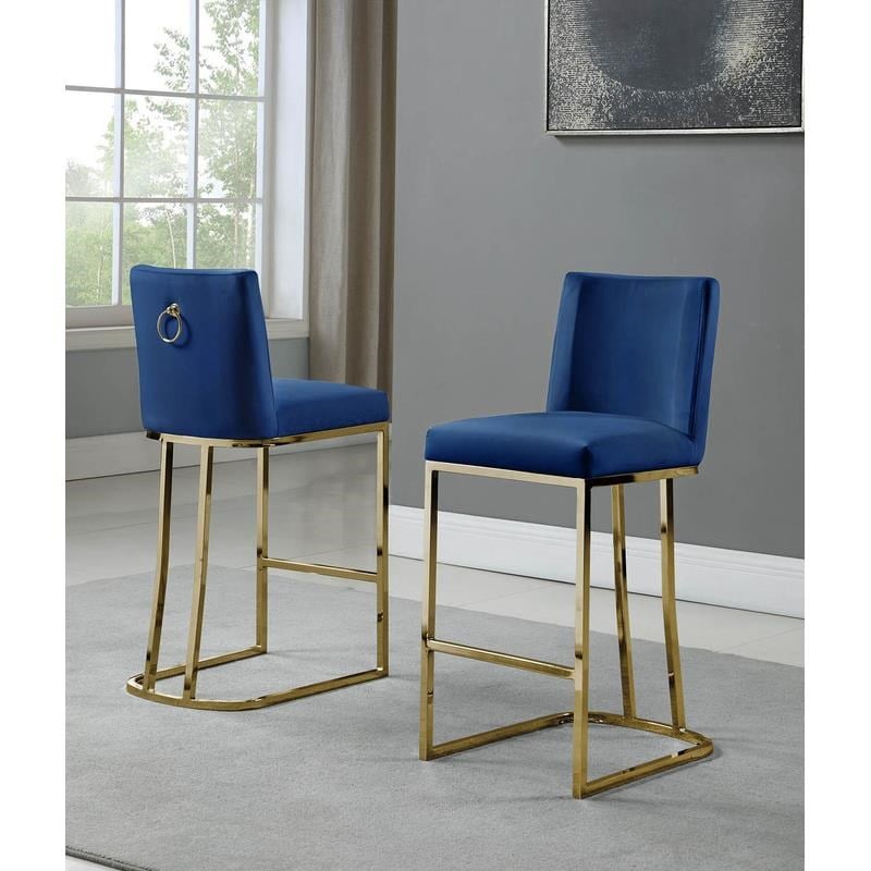 Velvet Counter Height Chairs in Navy Blue Velvet and Gold Chrome (Set of 2)