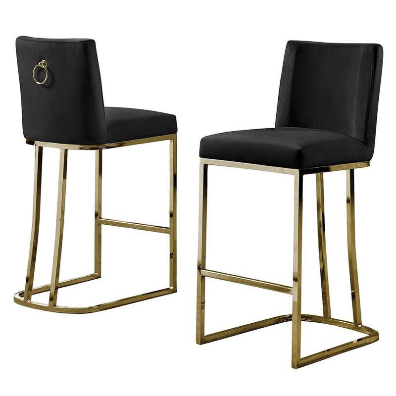 Velvet Counter Height Chairs in Black Velvet and Gold Chrome (Set of 2