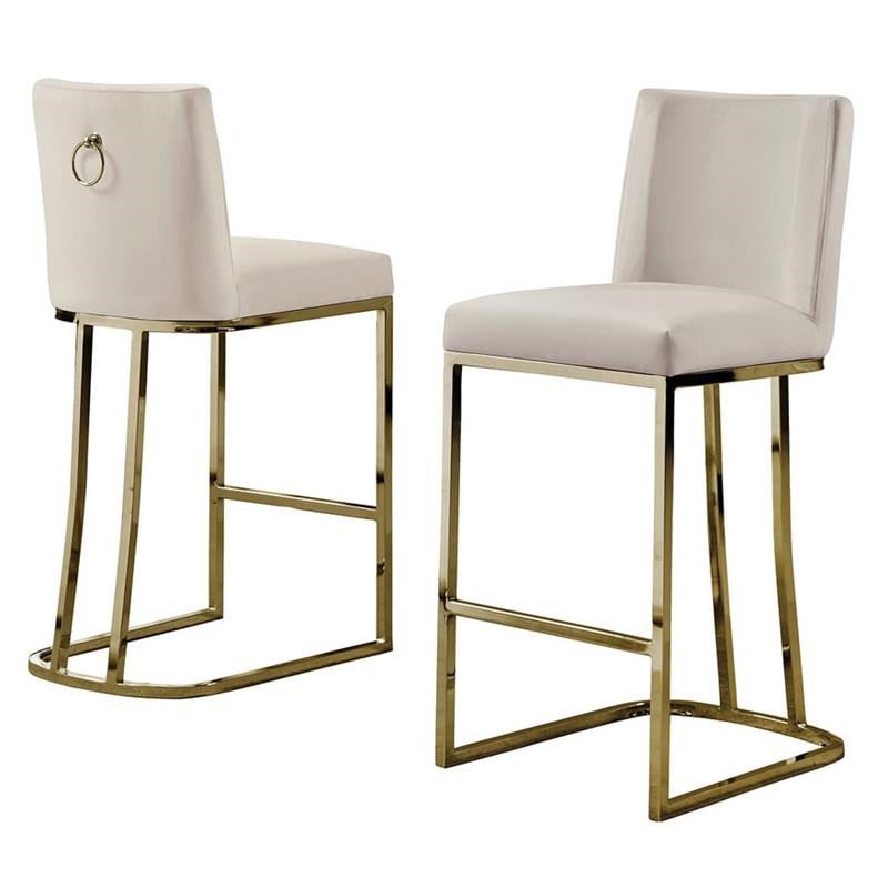 Velvet Counter Height Chairs in Beige Cream Velvet and Gold Chrome (Set of 2)