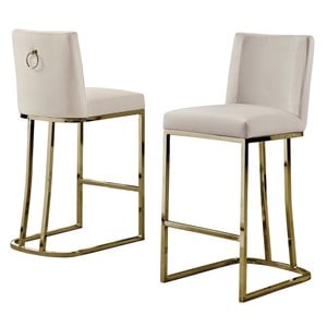 Velvet Counter Height Chairs in Beige Cream Velvet and Gold Chrome (Set of 2)