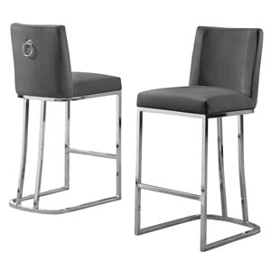 Velvet Counter Height Chairs in Dark Gray Velvet and Silver Chrome (Set of 2)