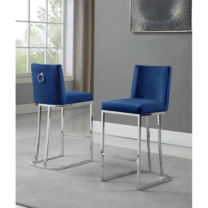 Velvet Counter Height Chairs in Navy Blue Velvet and Silver Chrome (Set of 2)