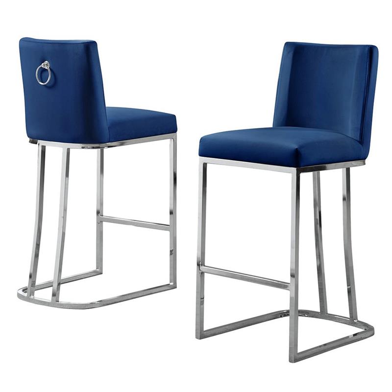 Velvet Counter Height Chairs in Navy Blue Velvet and Silver Chrome (Set of 2)