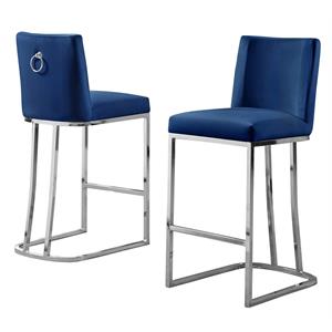 Velvet Counter Height Chairs in Navy Blue Velvet and Silver Chrome (Set of 2)
