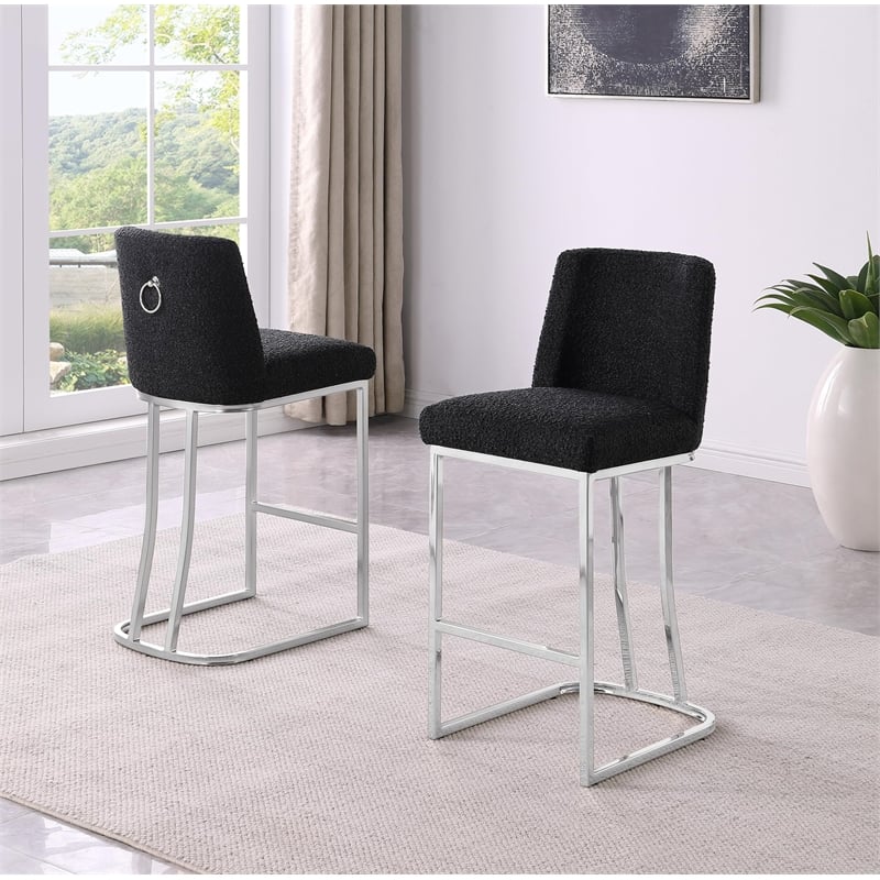 Velvet Counter Height Chairs in Black Velvet and Silver Chrome (Set of 2)