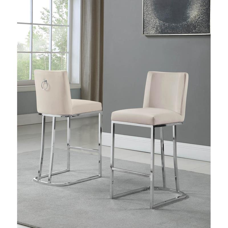 Velvet Counter Height Chairs in Beige Cream Velvet and Silver Chrome (Set of 2)