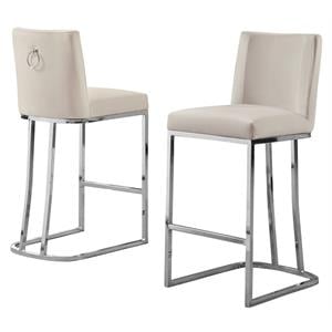 Velvet Counter Height Chairs in Beige Cream Velvet and Silver Chrome (Set of 2)