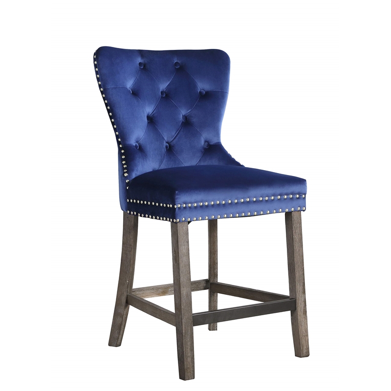 Tufted Blue Velvet Counter Height Chairs with Gold Handle (Set of 2)
