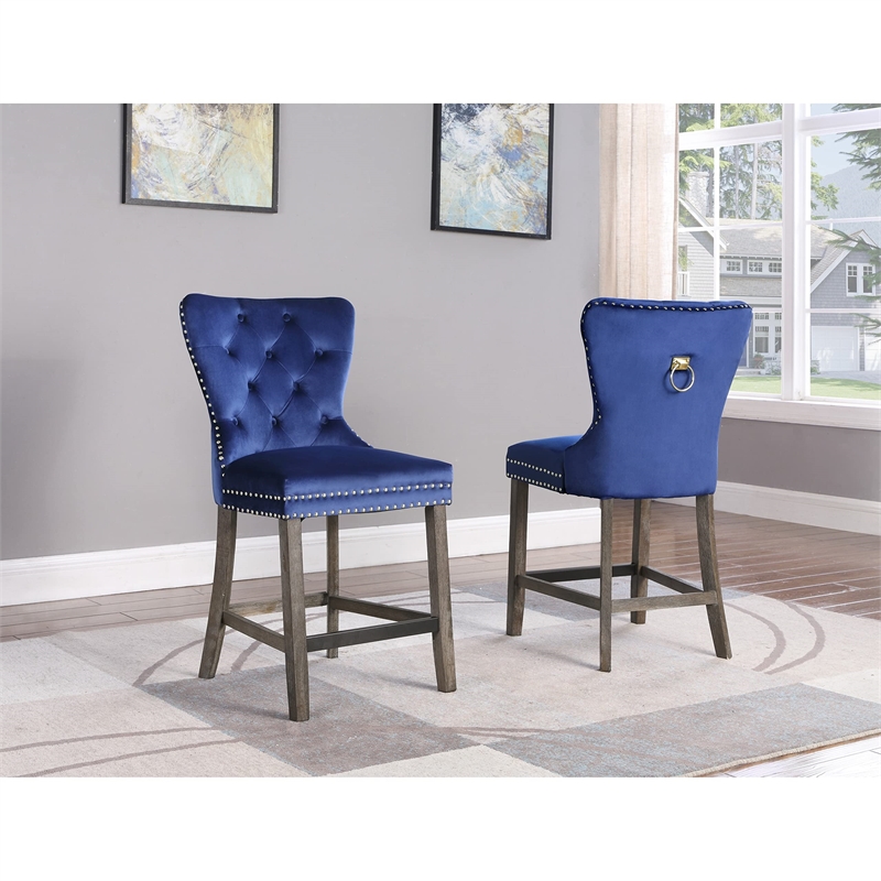 Tufted Blue Velvet Counter Height Chairs with Gold Handle (Set of 2)