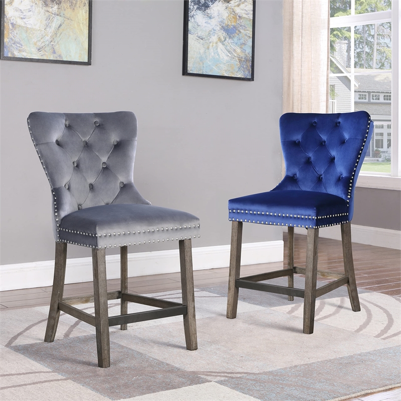Tufted Blue Velvet Counter Height Chairs with Gold Handle (Set of 2)