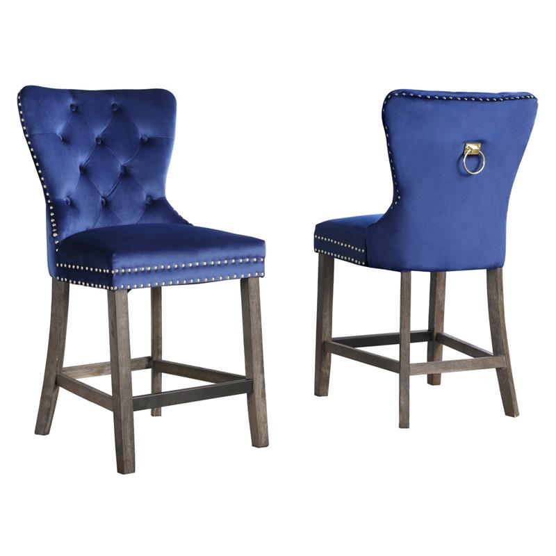 Tufted Blue Velvet Counter Height Chairs With Gold Handle Set Of 2