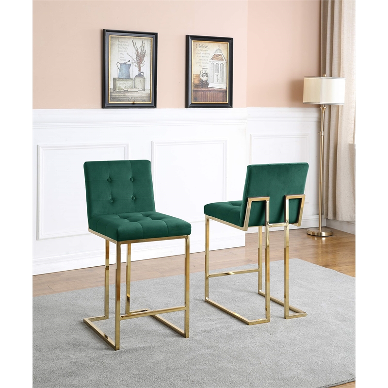 Counter Height Chairs in Emerald Green Velvet and Gold Chrome Legs (Set of 2)