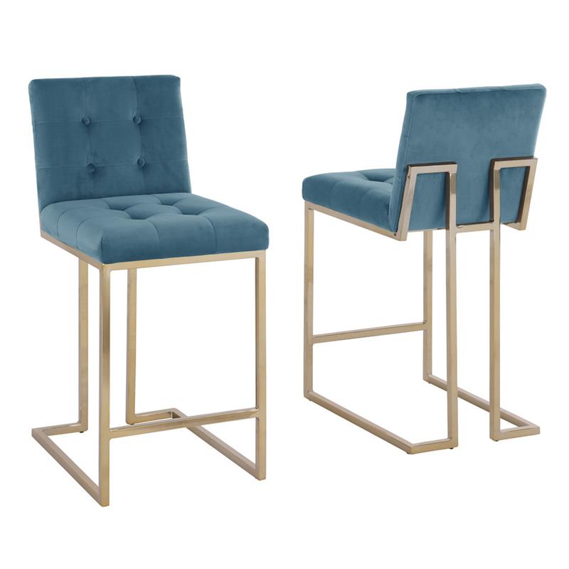 Counter Height Chairs in Teal Blue Velvet and Gold Chrome Legs