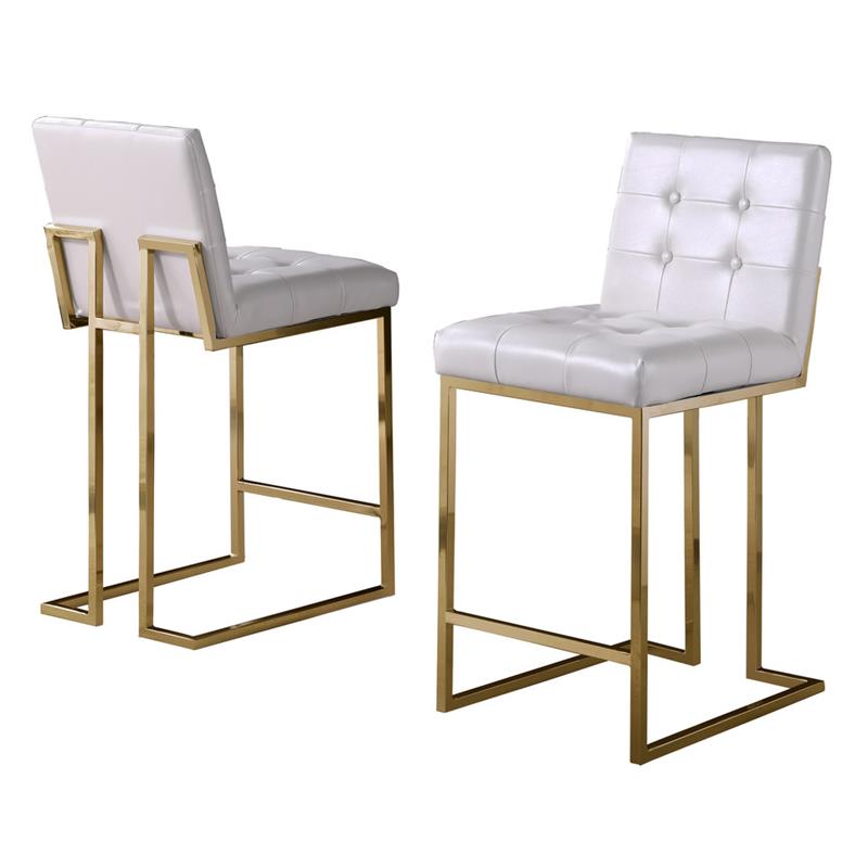 Counter Height Chairs in White Faux Leather and Gold Chrome Legs (Set