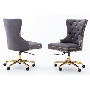 swivel office chair in dark gray velvet with gold chrome and tufted seat back