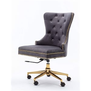 Swivel Office Chair in Dark Gray Velvet with Gold Chrome and Tufted Seat Back