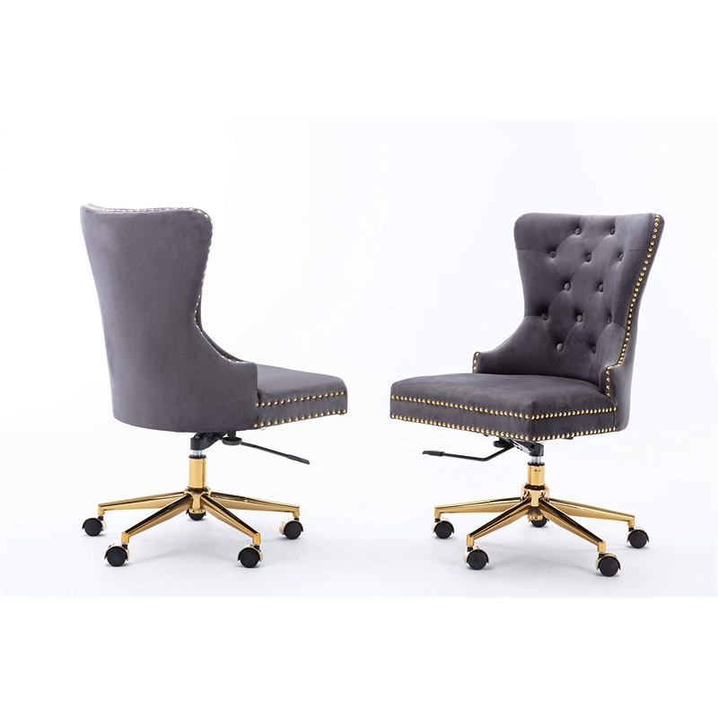 Swivel Office Chair in Dark Gray Velvet with Gold Chrome and Tufted Seat Back