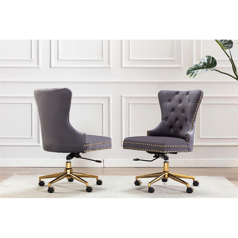 Swivel Office Chair in Dark Gray Velvet with Gold Chrome and Tufted Seat Back