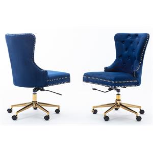 swivel office chair in navy blue velvet with gold chrome and tufted seat back