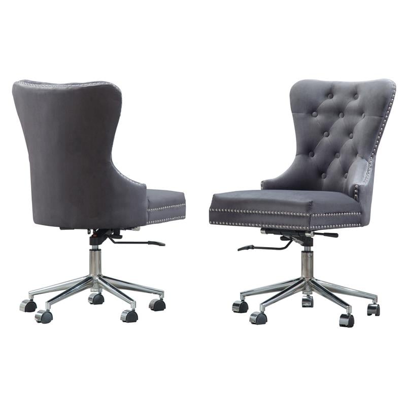 Swivel Office Chair in Dark Gray Velvet with Stainless Steel and Tufted Seat