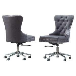 swivel office chair in dark gray velvet with stainless steel and tufted seat