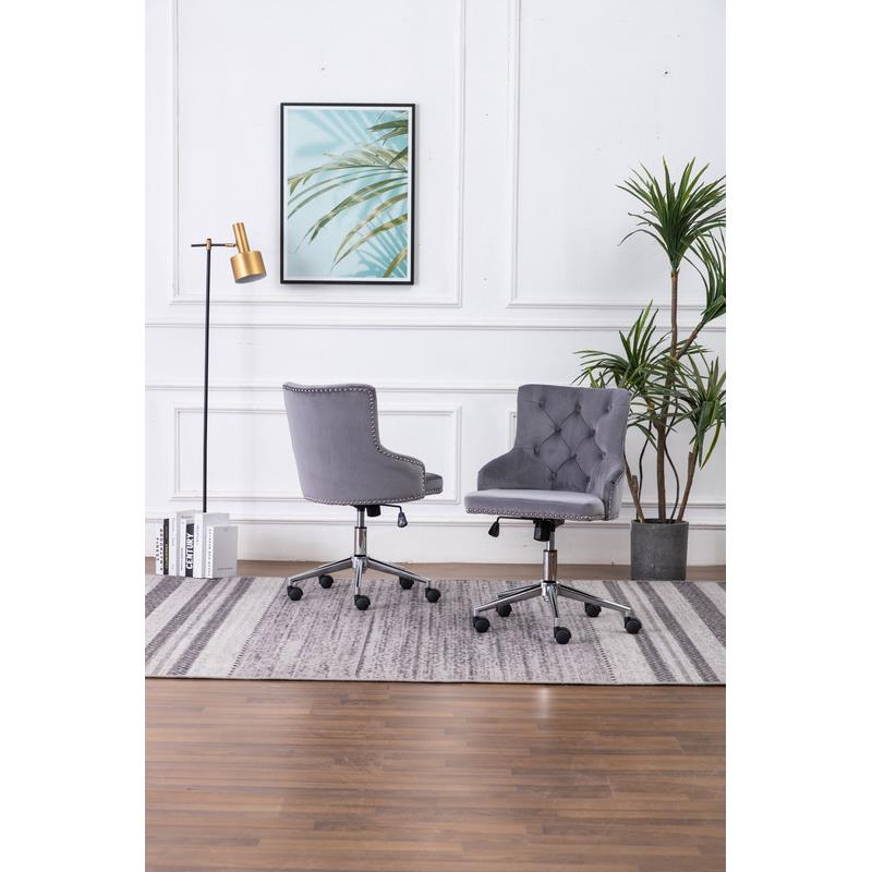 Swivel Office Chair in Dark Gray Velvet with Stainless Steel and Tufted Seat