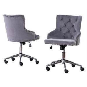 swivel office chair in dark gray velvet with stainless steel and tufted seat