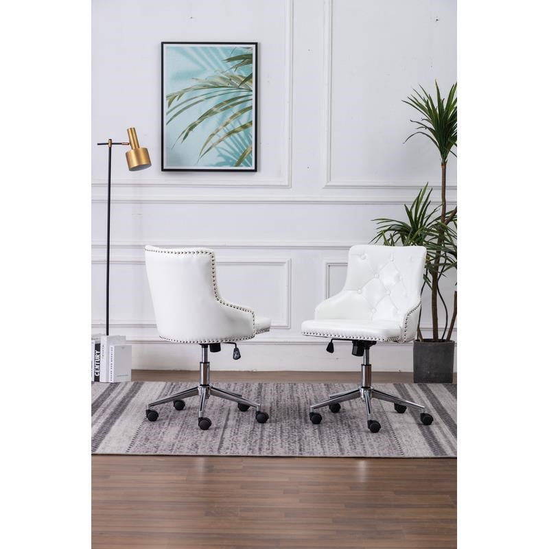 Swivel Office Chair in White Faux Leather with Stainless Steel and Tufted Seat