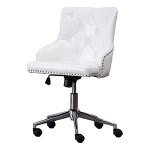 swivel office chair in white faux leather with stainless steel and tufted seat