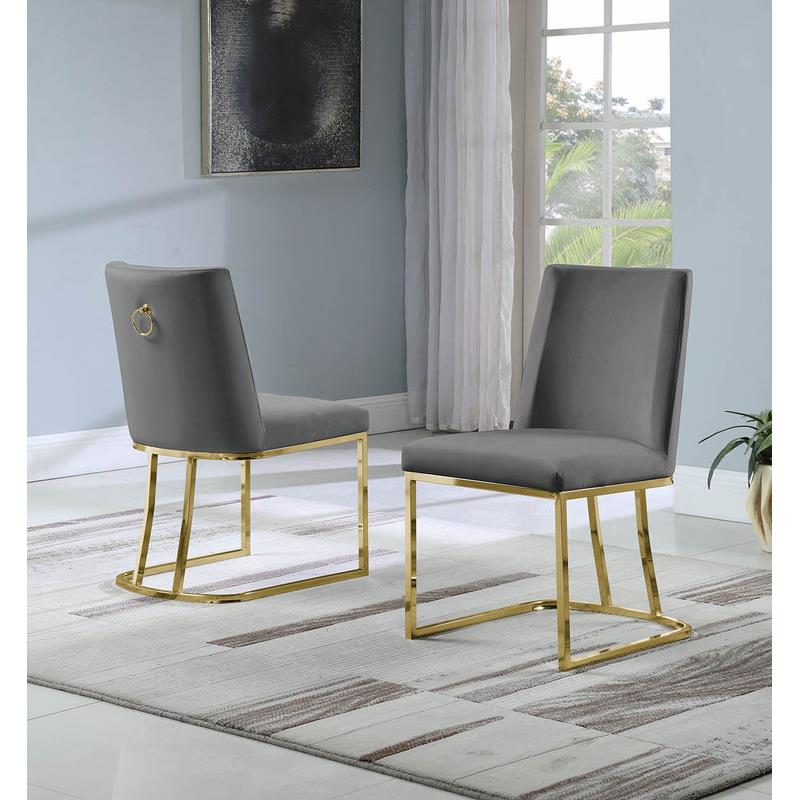 Double Minimalistic Dark Gray Velvet Side Chairs with Gold Chrome Legs