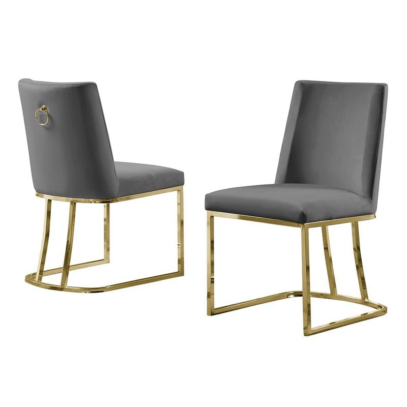 Double Minimalistic Dark Gray Velvet Side Chairs with Gold Chrome Legs