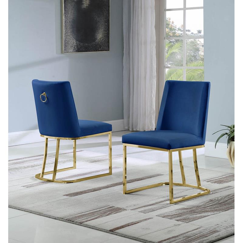 Double Minimalistic Navy Blue Velvet Side Chairs with Gold Chrome Legs