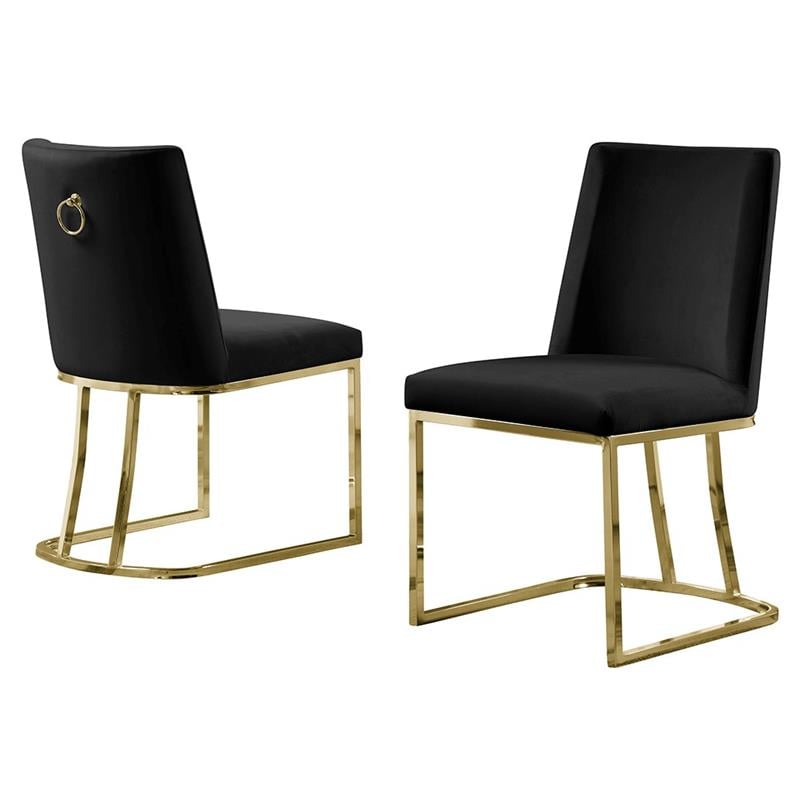 Double Minimalistic Black Velvet Side Chairs with Gold Chrome Legs