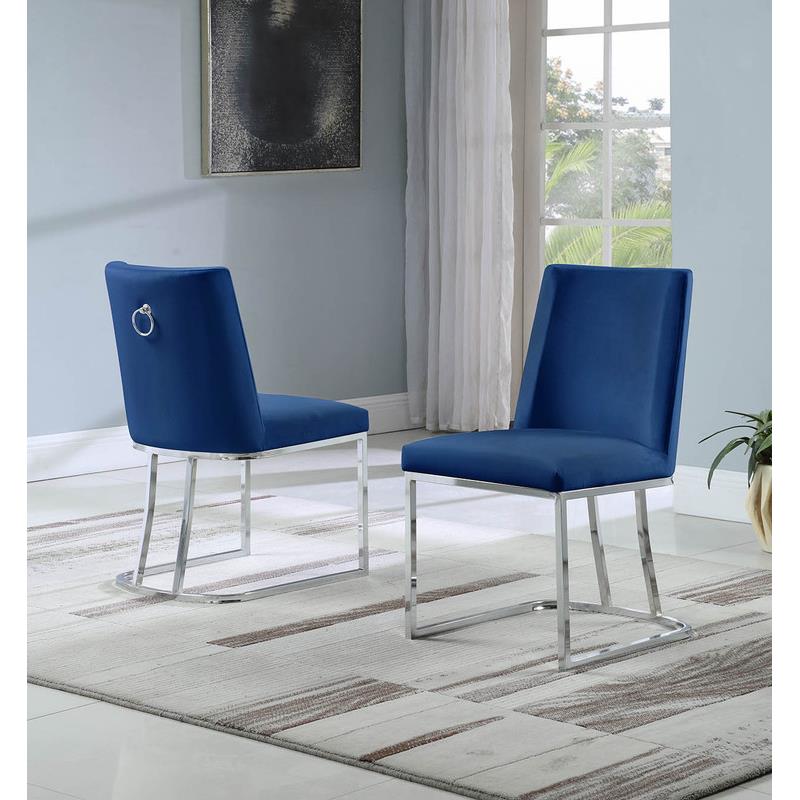 Double Minimalistic Navy Blue Velvet Side Chairs with Chrome Legs