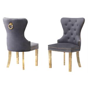 Double Tufted Gray Velvet Side Chairs with Gold Stainless Steel Legs