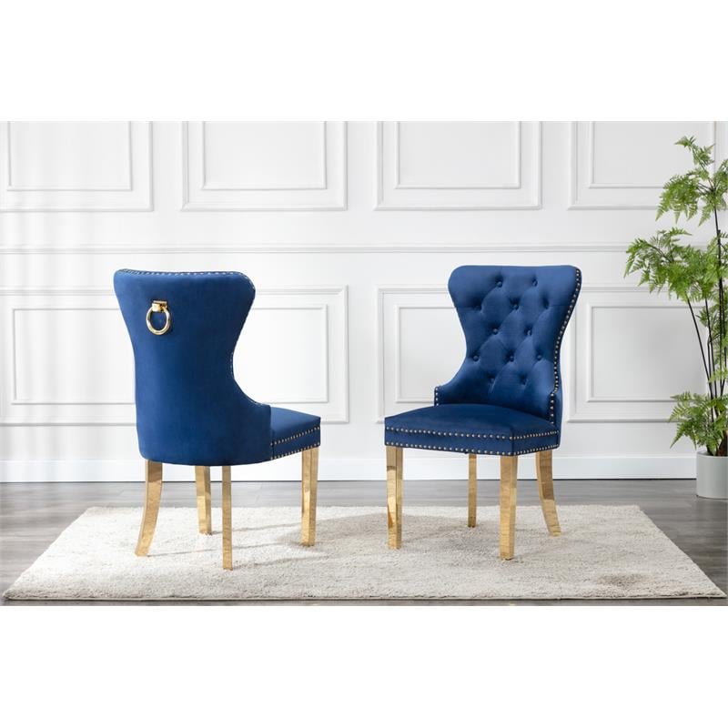 Double Tufted Navy Blue Velvet Side Chairs with Gold Stainless Steel Legs