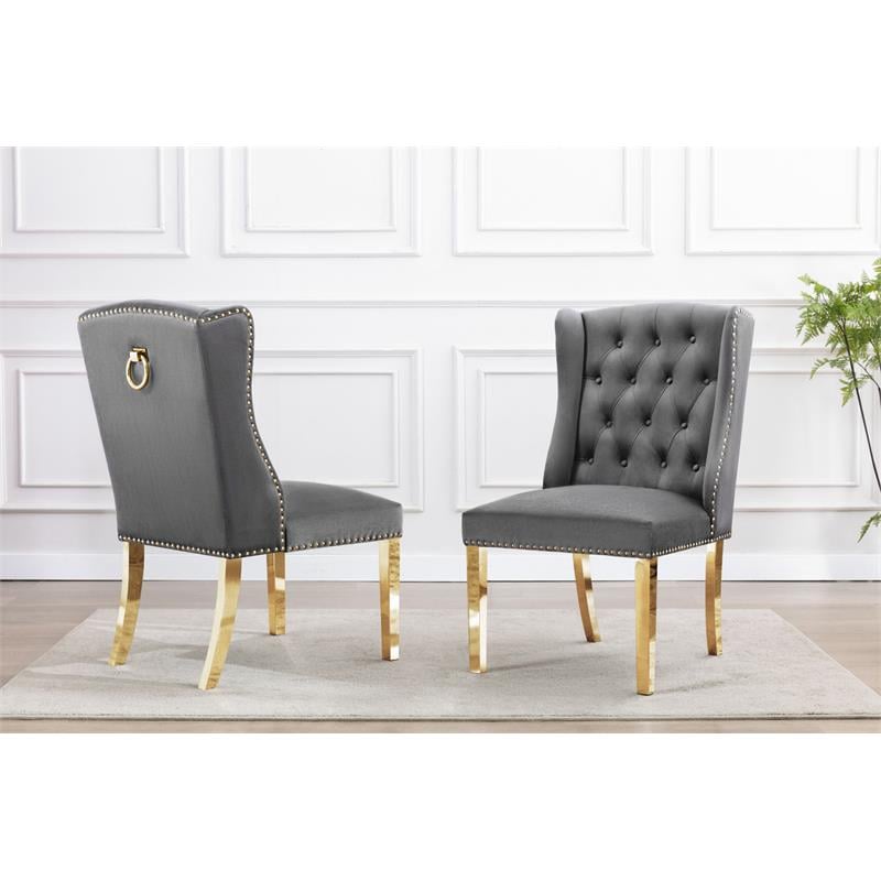 Double Tufted Gray Velvet Side Chairs with Gold Stainless Steel Legs