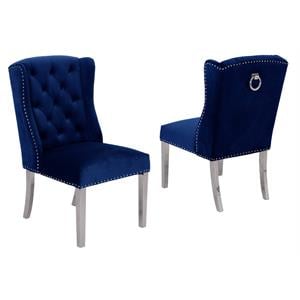 Double Tufted Navy Blue Velvet Side Chairs with Silver Stainless Steel Legs