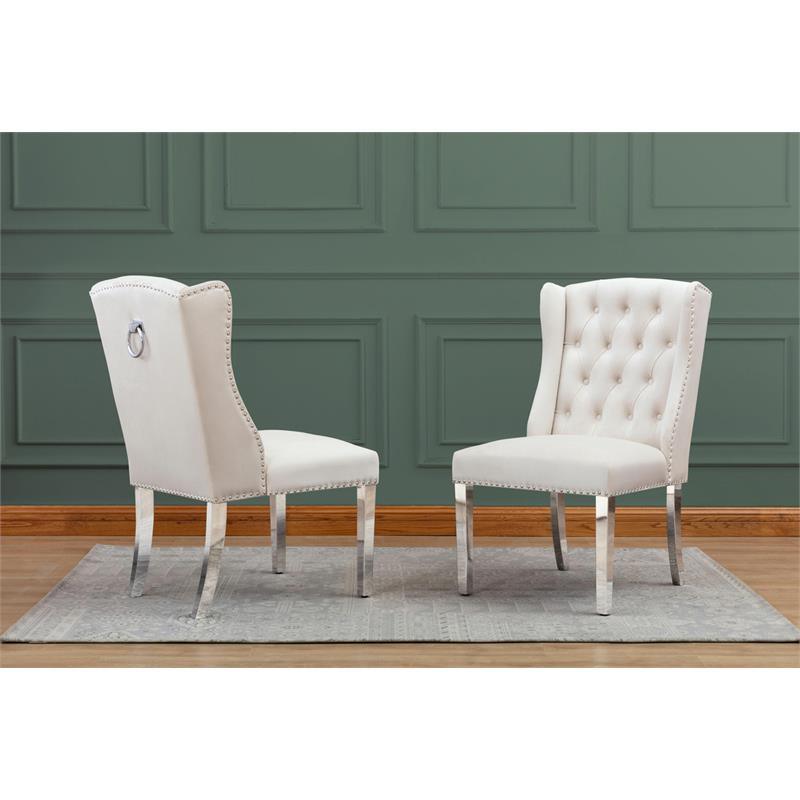 Double Tufted Cream Velvet Side Chairs with Silver Stainless Steel Legs