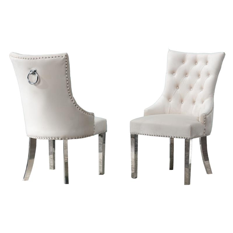 Double Tufted Cream Velvet Side Chairs, White Tufted Chair On Caster Legs